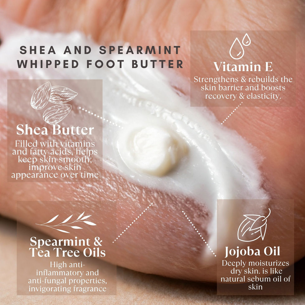 Spearmint essential oil, tea tree oil, and shea butter next to Spearmint Tea Tree Foot Cream Soufflé, showing key ingredients