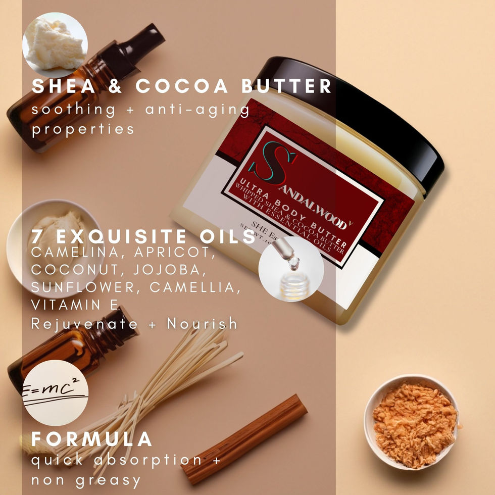 Dried sandalwood chips, shea butter, and natural oils next to Sandalwood Vanilla Ultra Shea + Cocoa Body Butter