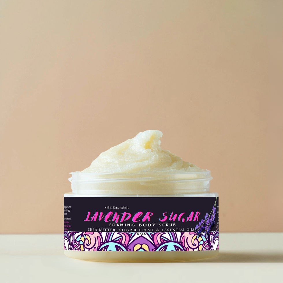Lavender Sugar Foaming Shea Sugar Scrub open jar, showing creamy, exfoliating texture.