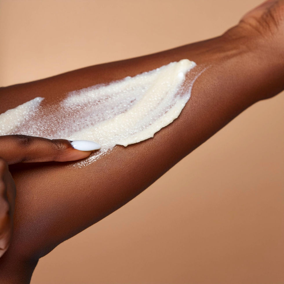 Body-positive model using Lavender Sugar Foaming Shea Sugar Body Scrub, promoting soft, glowing skin in a calming setting.