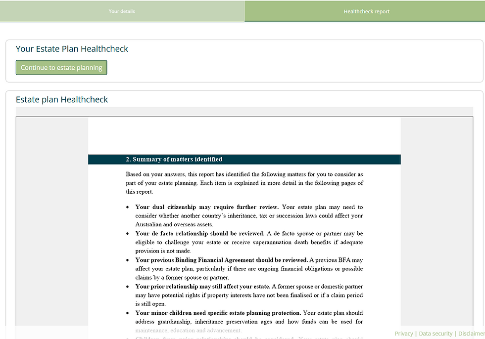 Example personalised Estate Plan Health Check report showing matters identified for the client to review.