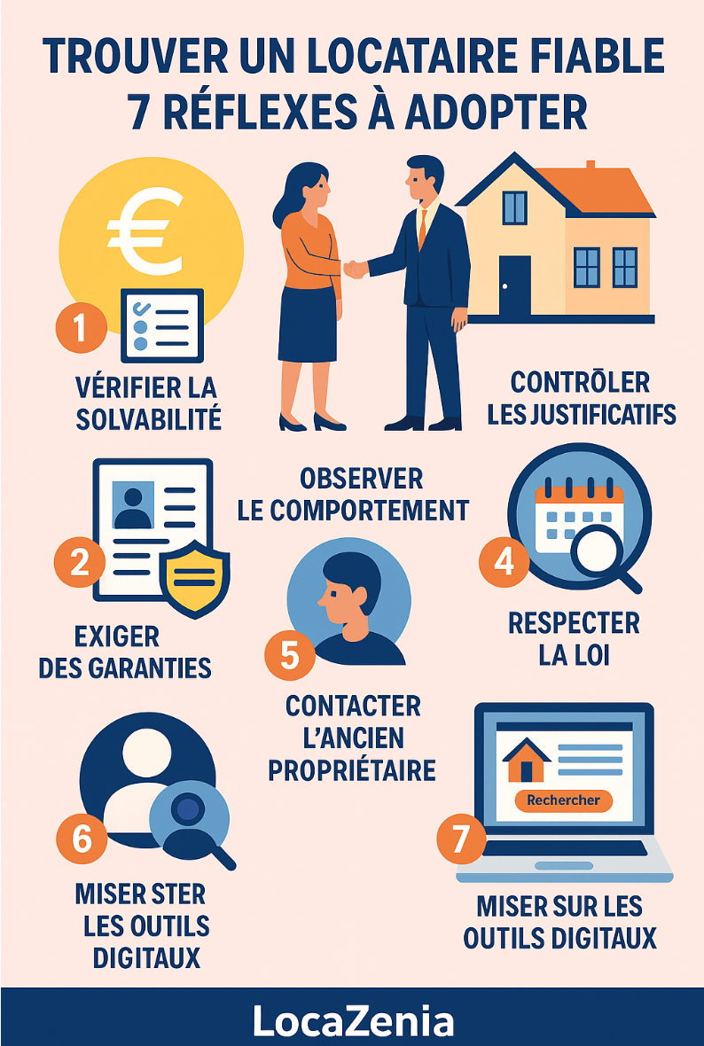 7 réflexes pour louer en toute sérénité : vérifier la solvabilité, contrôler les justificatifs, exiger des garanties, observer le comportement, contacter l’ancien bailleur, respecter la loi et utiliser LocaZenia pour gagner du temps et trouver un locataire fiable.