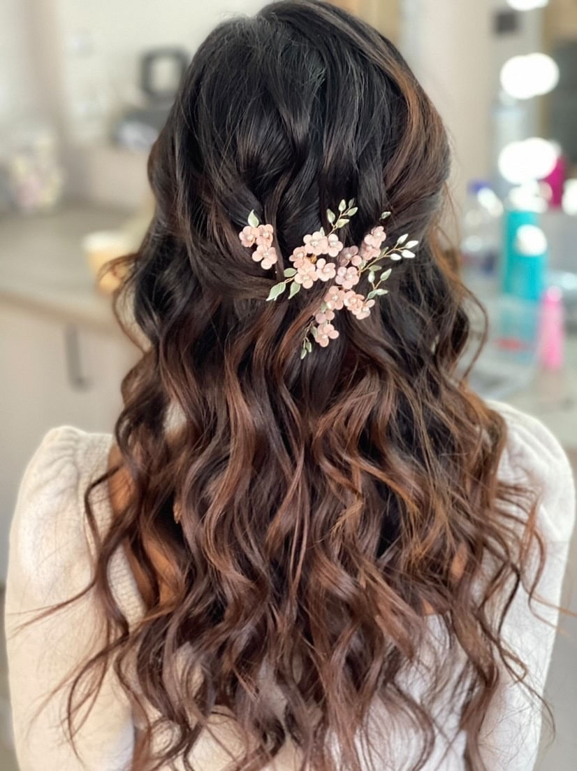 Thumbnail: SHERYL | Pink Floral Boho Bridal Hair Pins with Greenery
