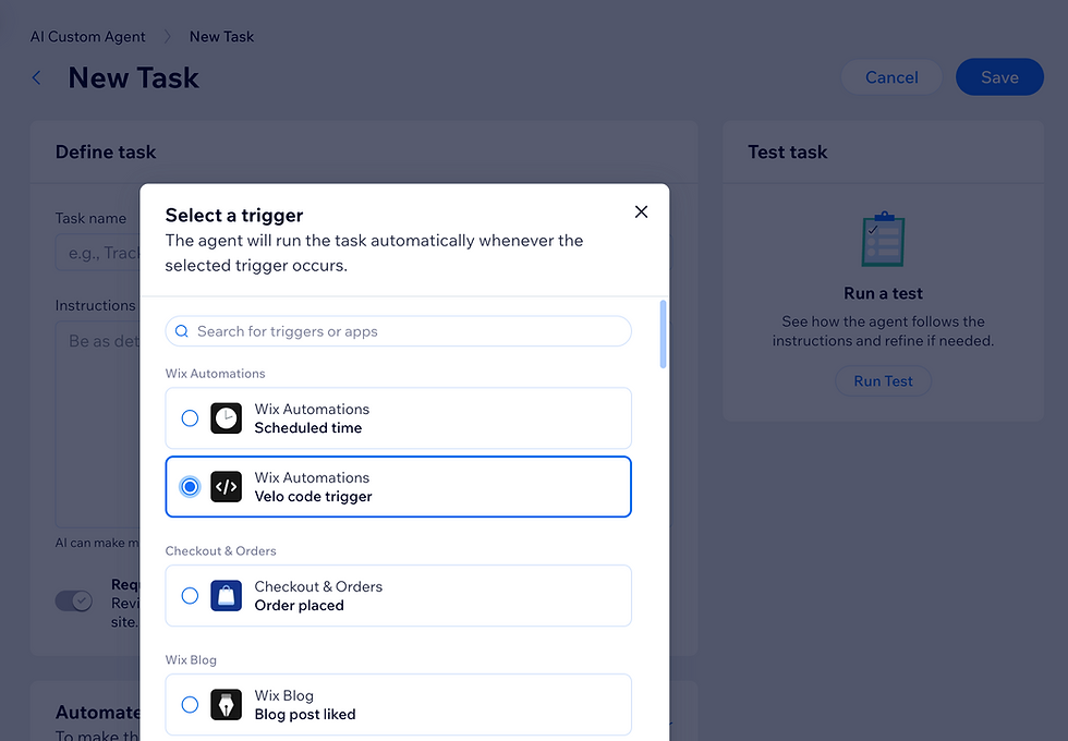 Dialog box titled "New Task" with trigger options like "Wix Automations" and "Checkout & Orders" highlighted in blue.