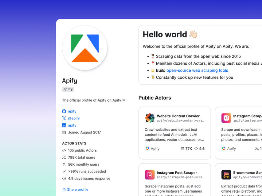 Discover how Apify allows you to extract data from any website, automate web processes, and gain valuable insights for market analysis and lead generation turning your website into AI chat bot.