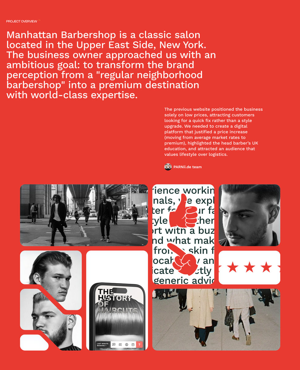 Manhattan Barbershop NY brand transformation overview with lifestyle collage and premium barbershop positioning by PARNii