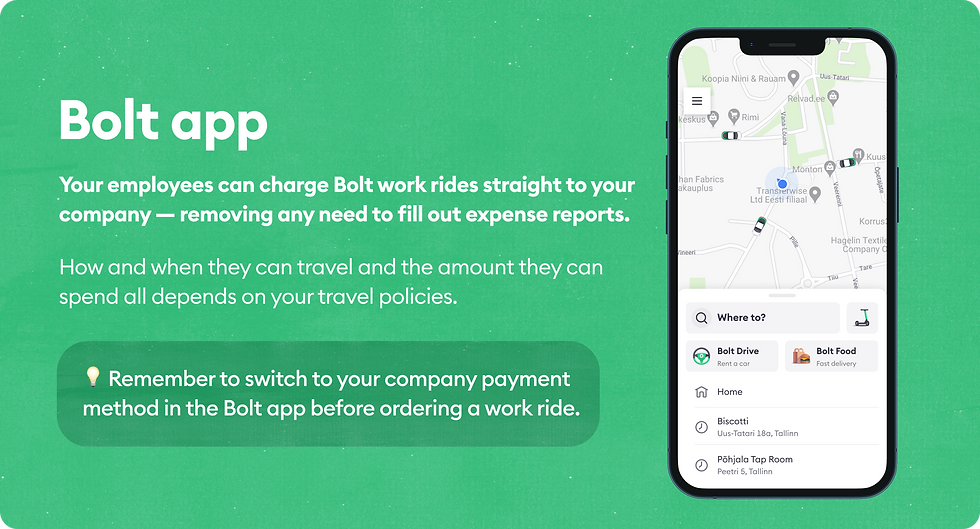 Bolt app ad features a smartphone displaying a map and ride options. Text highlights work ride charging to company without expense reports.