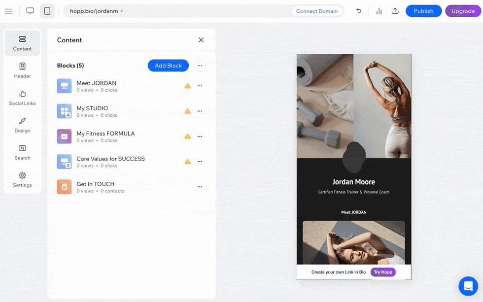 Dashboard interface shows content blocks like Meet JORDAN and My STUDIO. Right panel has a fitness trainer profile, "Jordan Moore."