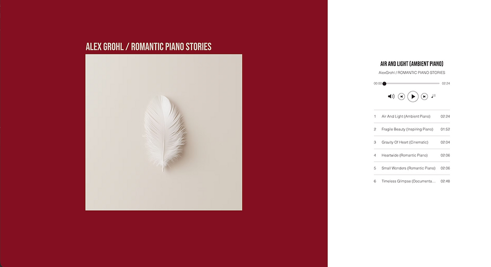 White feather on beige against red. Text: "Alex Grohl / Romantic Piano Stories." Playlist with 6 tracks on right. Calm, minimalist design.