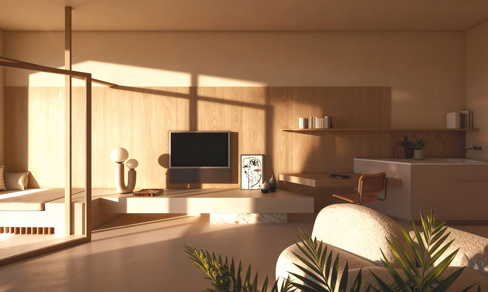 Salón MP apartamentos colores cálidos madera.