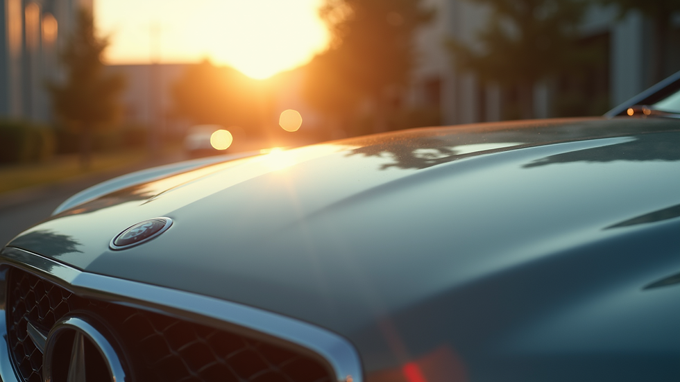 Close-up view of a shiny car hood reflecting sunlight