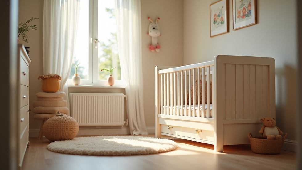 Eye-level view of a cozy nursery with soft lighting