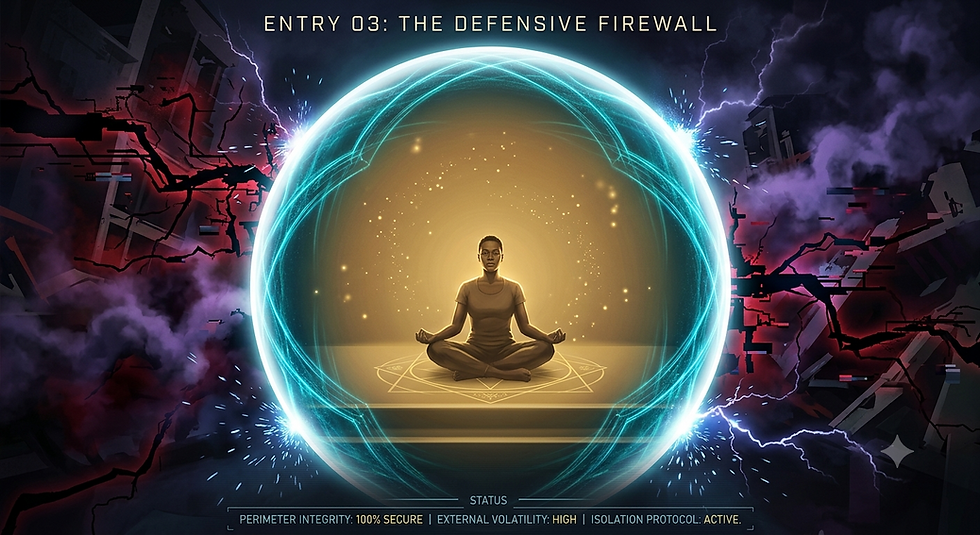A conceptual spiritual security diagram titled 'ENTRY 03: THE DEFENSIVE FIREWALL'. In the center, a dark silhouette of a person sits in a calm, meditative lotus pose, bathed in a warm, radiant golden light with sparkling amber dust. They are completely enclosed in a large, glowing, neon-blue protective spherical shield. Outside this barrier, the background is a dark, chaotic storm of jagged crimson electrical currents on the left, and swirling dark purple and indigo smoke clouds on the right. At the bottom, a digital HUD status display reads: 'STATUS | PERIMETER INTEGRITY: 100% SECURE | EXTERNAL VOLATILITY: HIGH | ISOLATION PROTOCOL: ACTIVE'.