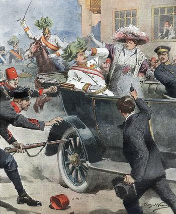 Assassinato de Francisco Ferdinando e Sofia por Gavrilo Princip, por Achille Beltrame