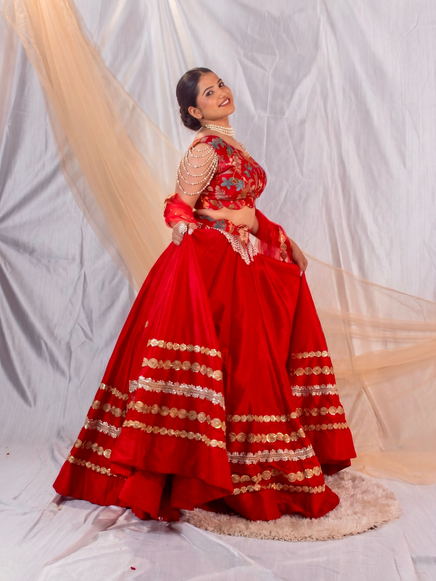 Crimson Red One-Shoulder Blouse with Skirt and net dupatta