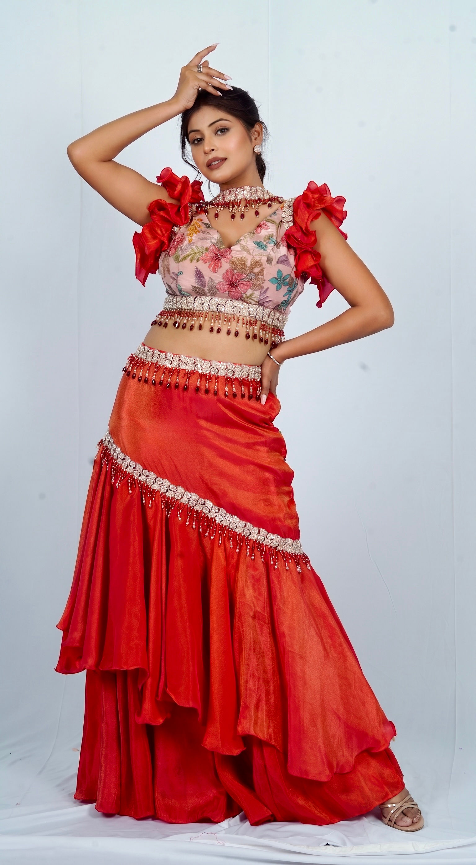 Dusky Watermelon Pink blouse with tier skirt and choker dupatta
