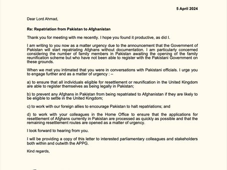 Wendy Chamberlain MP's letter to Minister for Asia on Afghan Deportations from Pakistan