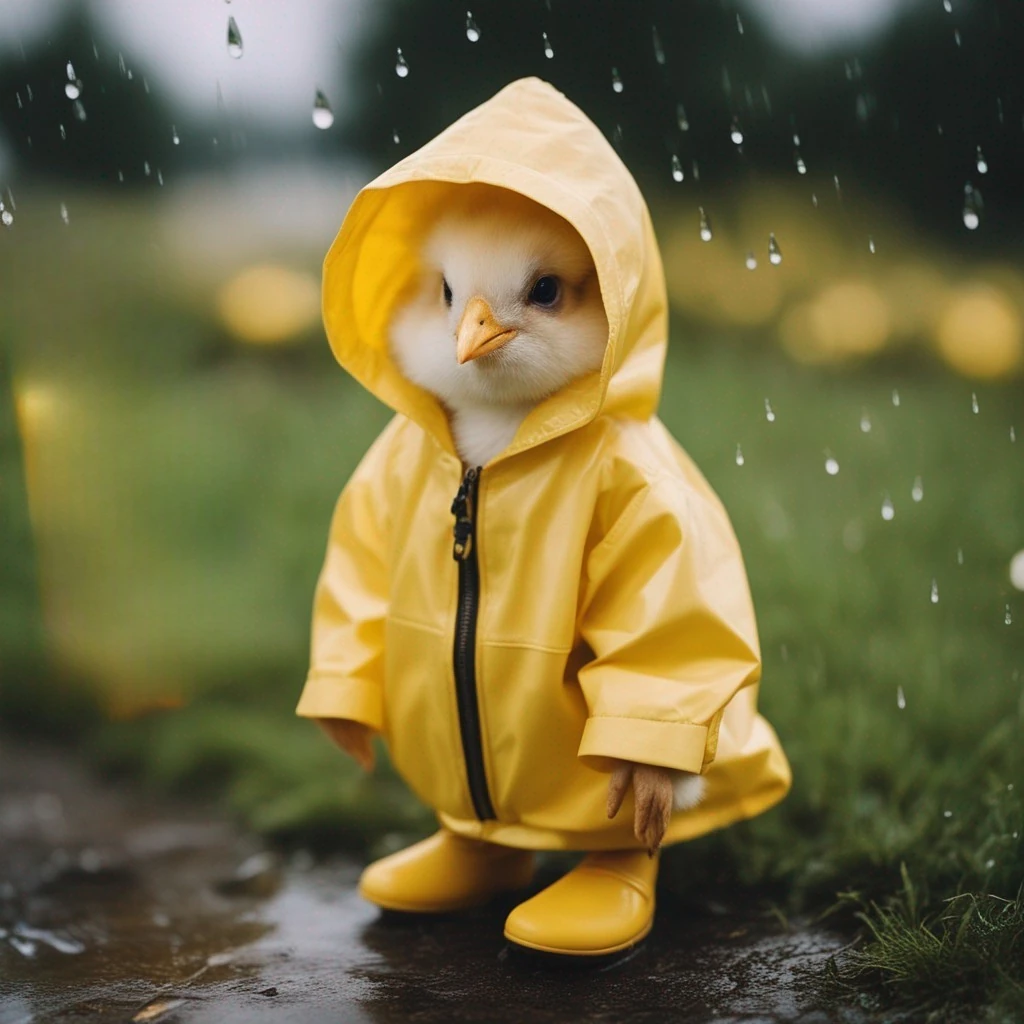geel kuikentje in een gele regenjas staat met zijn laarsjes in de regen