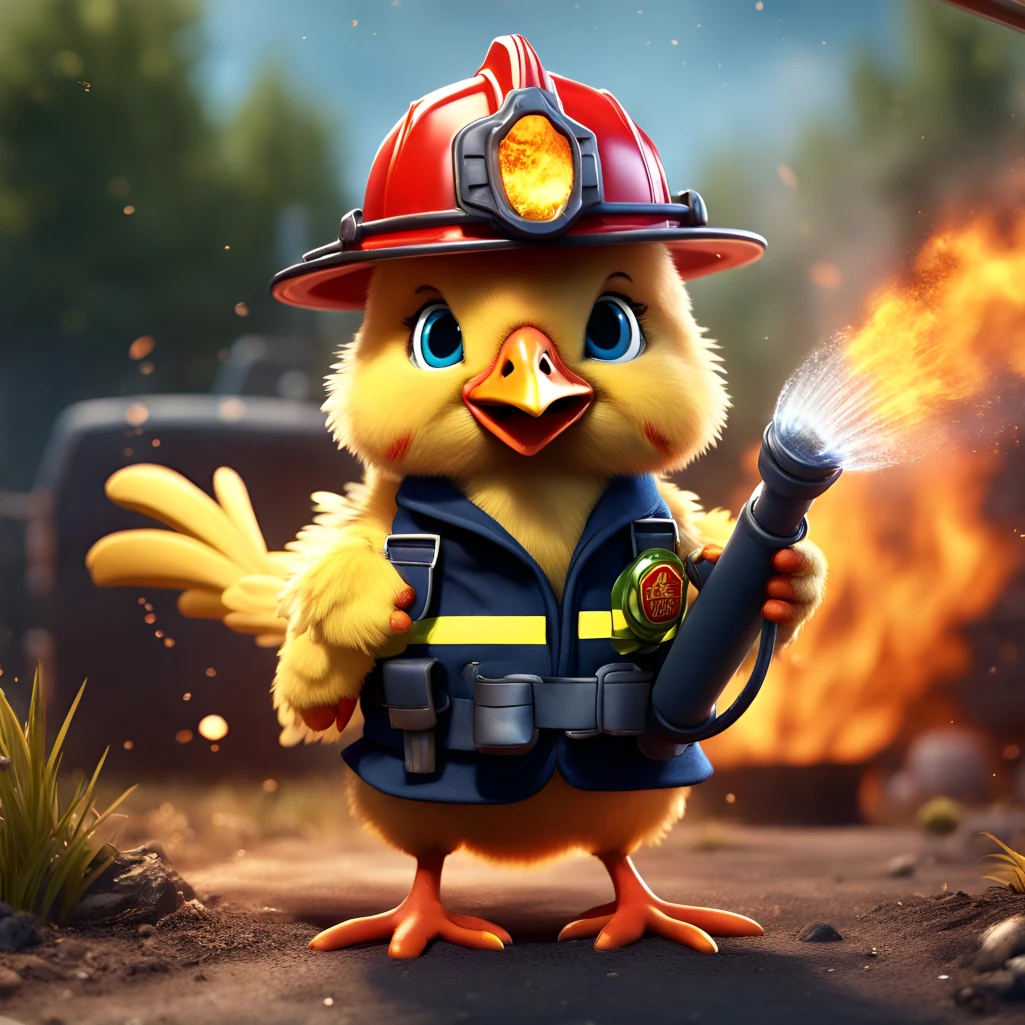 kuikentje in gekleed als brandweerman met waterspuit