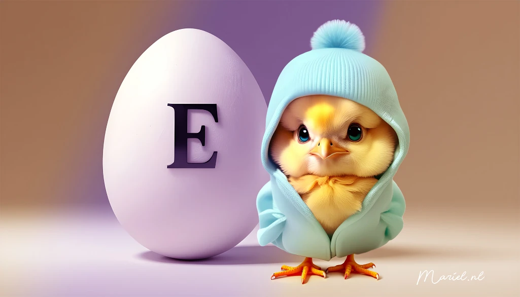 kuikentje in lichtblauwe hoodie voor een ei met de letter E