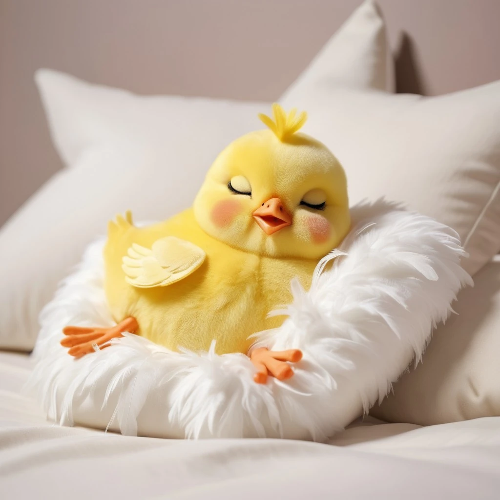 schattig kuikentje dat op een verenkussen slaapt - fantasie afbeelding
