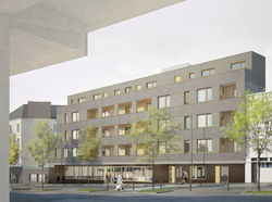 Vue depuis le marché d'une résidence à Nantes. Perspective 3D