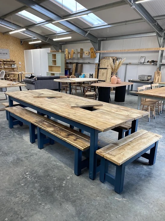 Rustic Scaffold Board Banqueting Dining Table with Built-in Ice Buckets and Matching Benches