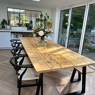 Rustic Scaffold Board Trapezium Metal Dining Table with Black/Natural Wishbone Dinging Chairs