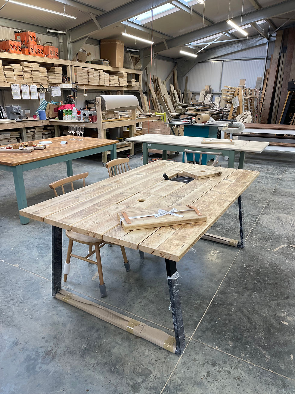 Thumbnail: Rustic Scaffold Board Trapezium Metal Dining Table with Built-In Ice Buckets