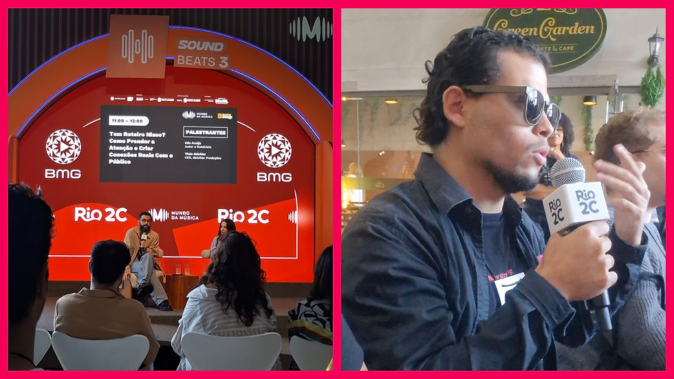 Palco Sound Beats 3 no Rio 2C com o bate-papo "Tem Roteiro Nisso? Como Prender a Atenção e Criar Conexões Reais Com o Público", com Edu Araújo e Thais Belchior.