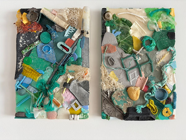 A collage with green and tan beach plastics