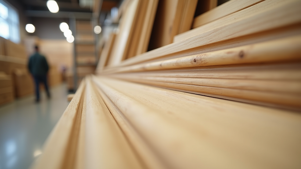 Eye-level view of pine baseboard molding samples displayed in a store