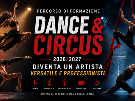 Percorso di Formazione Dance & Circus 2026/2027 diretto da Claudio e Paolo Ladisa. Performer di danza, acrobatica e discipline aeree durante un allenamento professionale per artisti dello spettacolo.