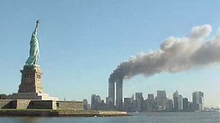 View of the World Trade Center and Statue of Liberty, September 11, 2001