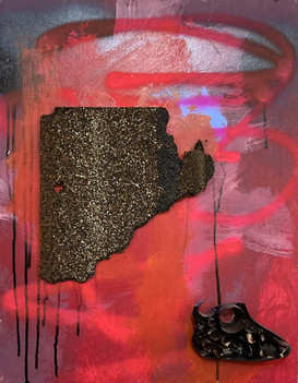 18"X14"acrylic, spray paint,and found objects on wood panel