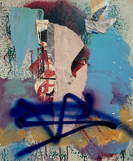 24"X20 acrylic, spray paint, collage and on wood panel