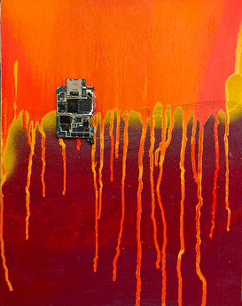18"X14" acrylic, spray paint, and found objects on wood panel