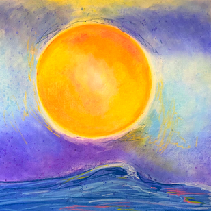a pastel image of a yellow moon and the ocean. the sky is blue and purple. you can see pastels and other tools to the right of the image