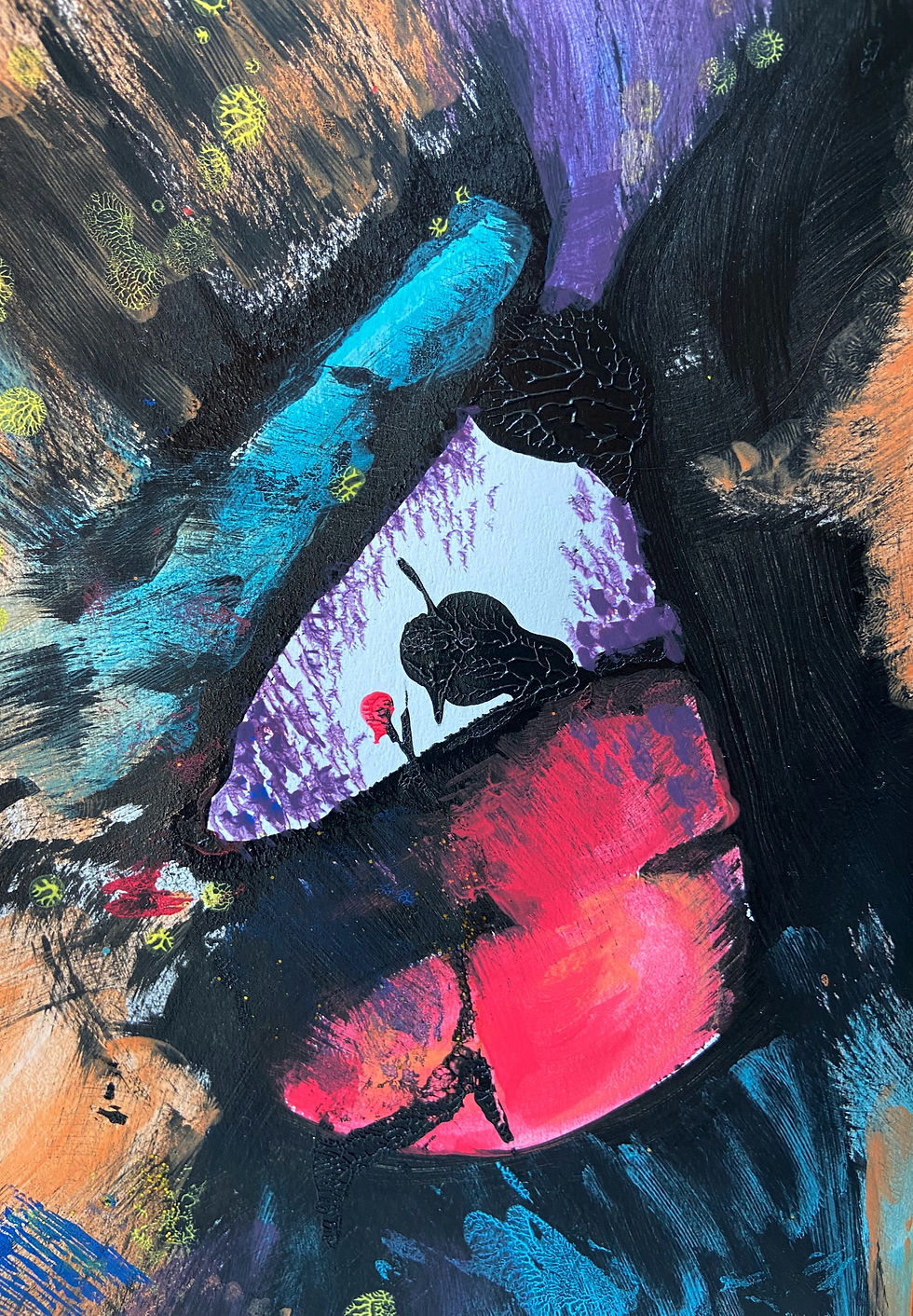 abstract painting with lots of blacks and purple