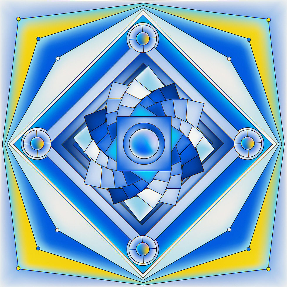 a mandala with blue, yellow and teal