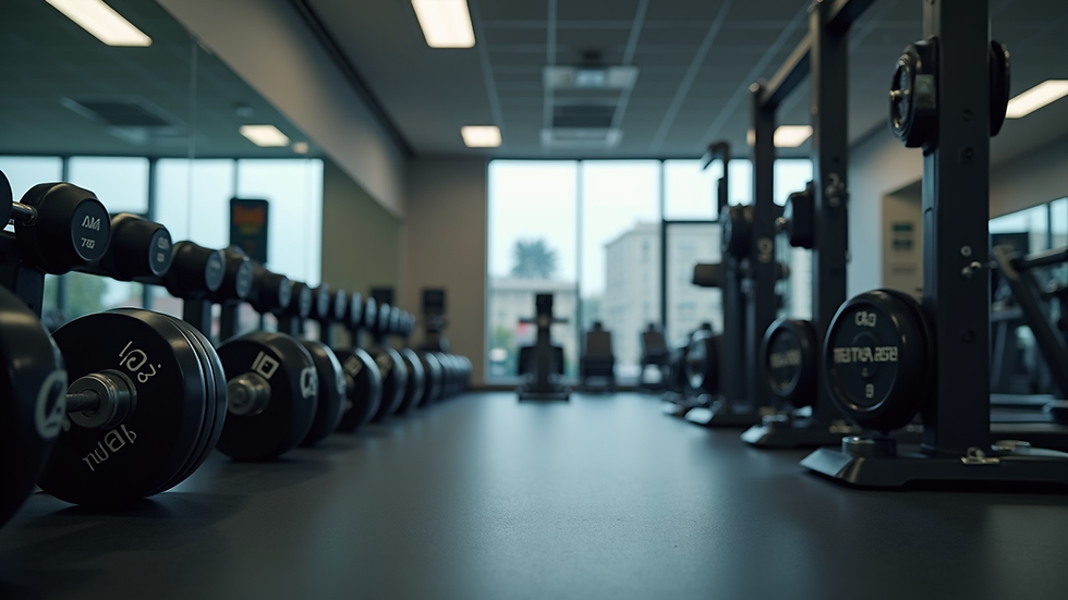 Eye-level view of a gym workout station with weights and equipment