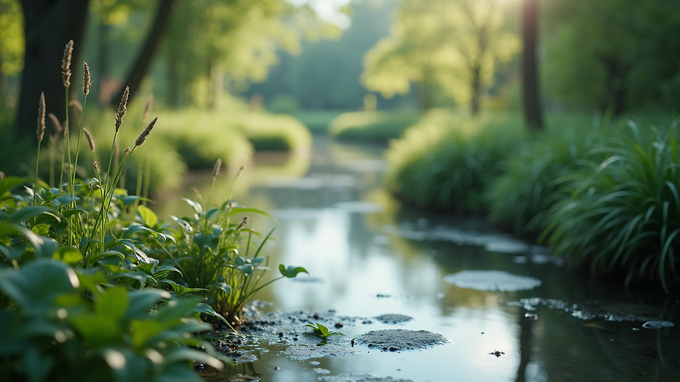 High angle view of a tranquil setting with plants and water