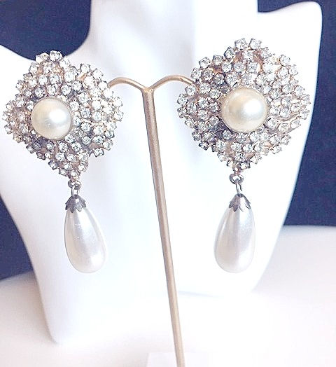 Thumbnail: Designer/Runway Flower rhinestone earrings and Pearl Drop Earrings