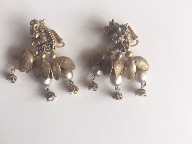 Thumbnail: Miriam Haskell- Vintage Dangling Baroque Pearls & Rhinestones Earrings