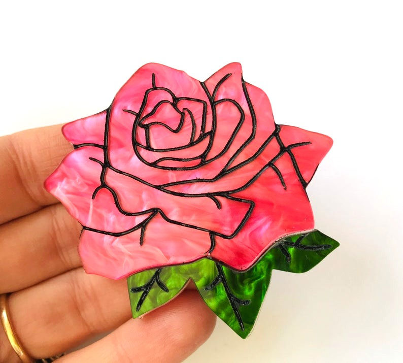 Thumbnail: Coup De Colere- Classic tea rose brooch / pink marble tea rose brooch