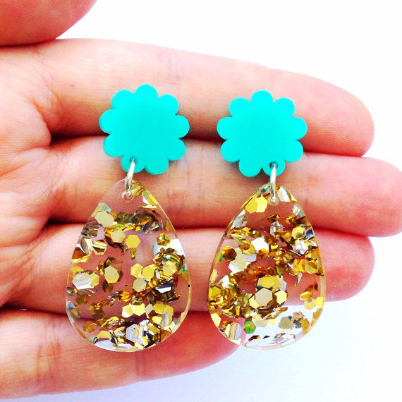 Thumbnail: Each To Own- Poppy Drop Earrings - Mint and Lush Glitter