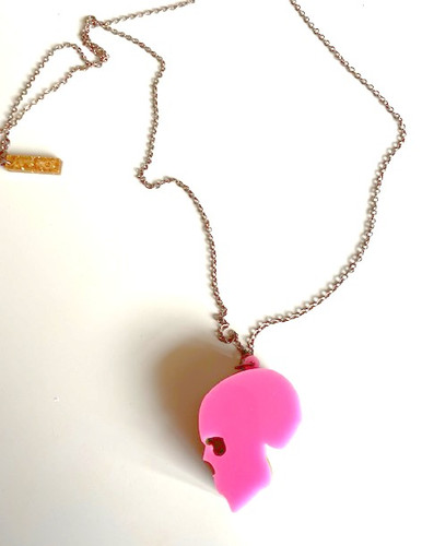 Steven Shein- Gold Glitter/Pink Skull Necklace Pendant tortonibijoux