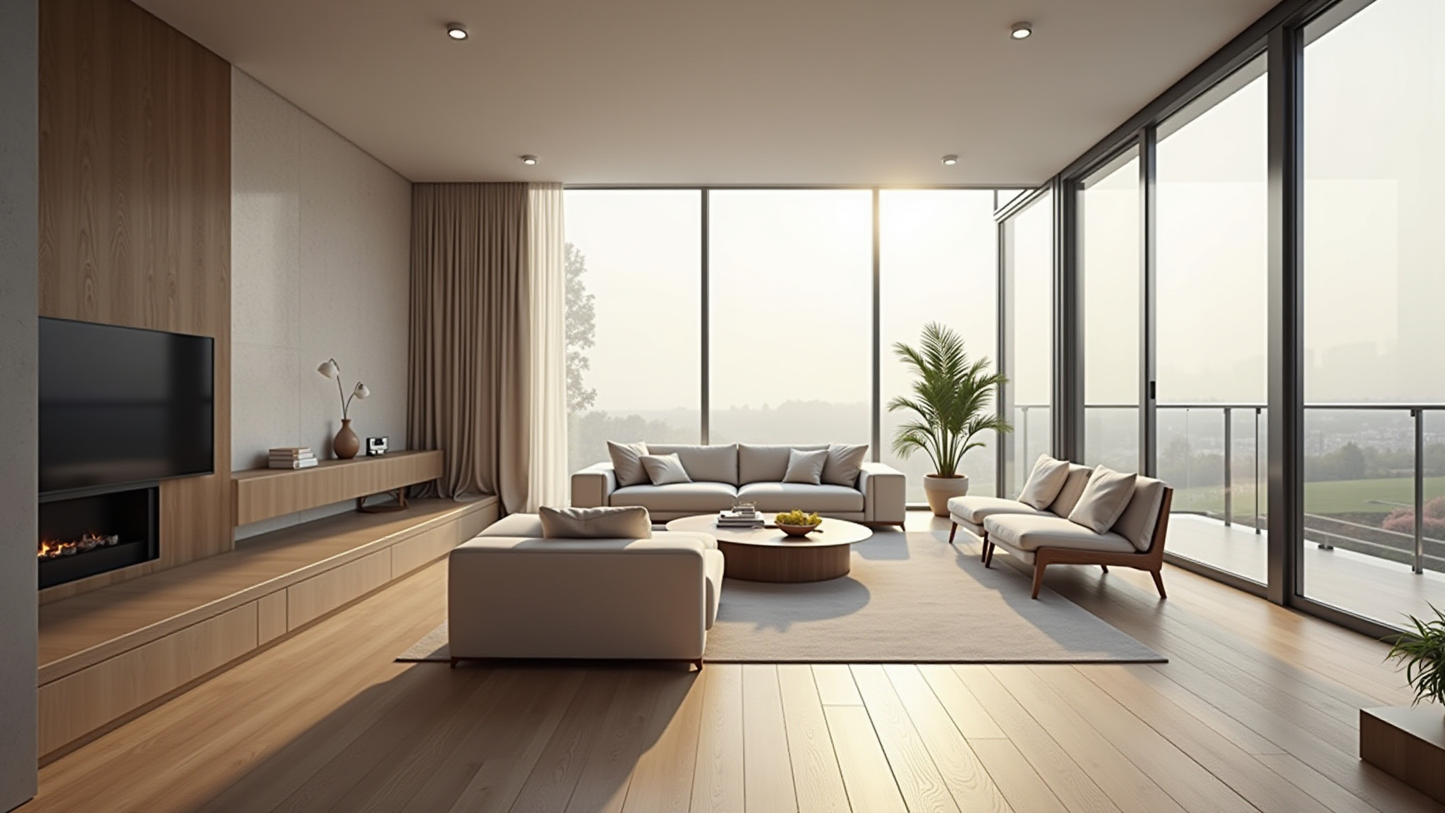 Modern living room with gas fireplace, wood flooring and floor to ceiling windows.