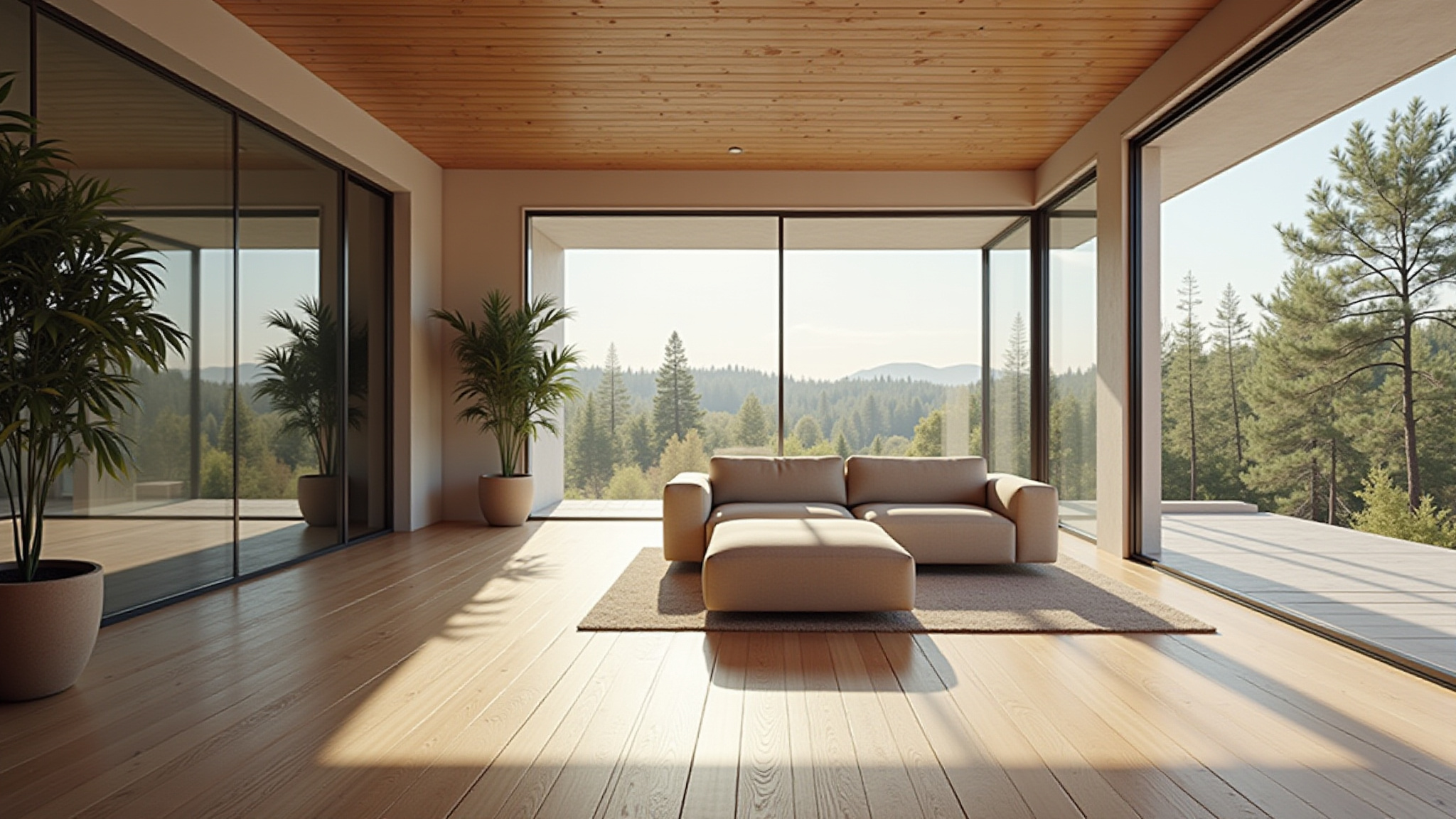 Modern Living Room with full windows and view of the mountains.