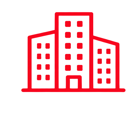 Digital icon of a stylized office building skyline. Minimalist red line art on a black background.